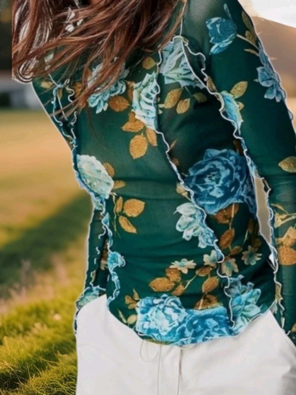 Free People Charlie Printed Long Sleeve Green Floral Combo Mesh Top XS